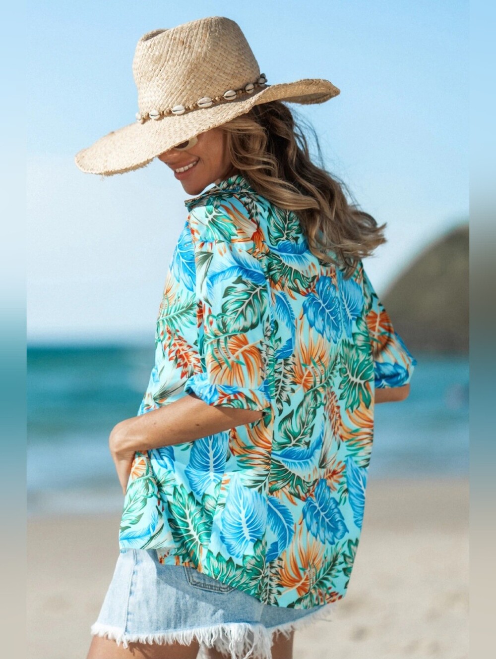 Limited Edition Tropical Floral Button-Up Shirt in Aqua and Coral (Small)